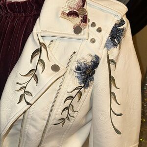 Embroidered White Vegan Leather Jacket